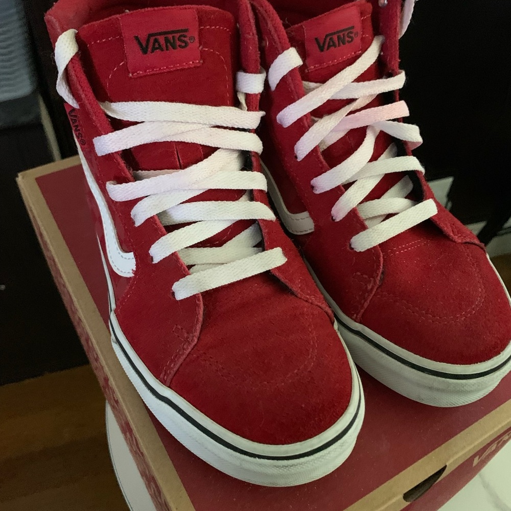 Vans high top sneakers. Red/white. Checkerboard style. Size 4 youth. EUC.